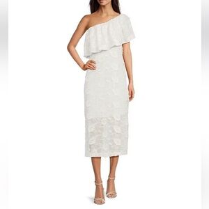 Abbey Glass Sutton Lace 3D Floral Ruffle One Shoulder Midi Dress White NWT $185